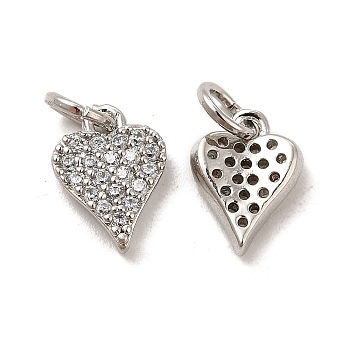 Rack Plating Brass Micro Pave Clear Cubic Zirconia Pendants, Long-Lasting Plated, Cadmium Free & Lead Free, with Jump Ring, Heart, Platinum, 10.5x7.5x2mm, Hole: 3.5mm