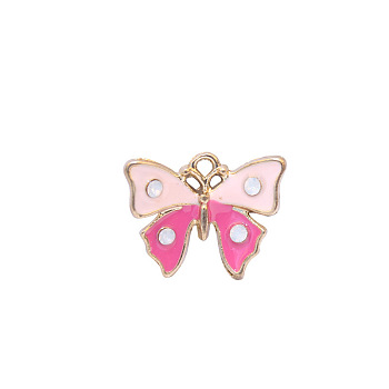 Zinc Alloy Enamel Butterfly Jewelry Pendant, with Crystal AB Resin Rhinestone, Light Gold, Pale Violet Red, 12x16mm, Hole: 3mm