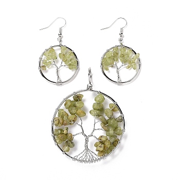 Brass Jewelry Sets, Big Pendants and Dangle Earrings, with Natural Prehnite, Platinum, Ring with Tree of Life, 63~67x49~51x1.5~10mm, Hole: 4x5mm, 50~55x28~30x1.5~8mm, Pin: 0.8mm