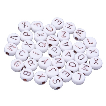 Opaque White Acrylic Beads, Metal Enlaced, Flat Round with Rose Gold Plated Random Letters, 7x3.5mm, Hole: 1.8mm, about 1480pcs/200g
