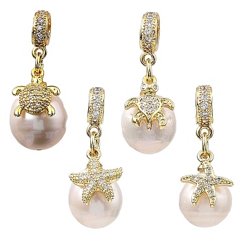 Brass Micro Pave Clear Cubic Zirconia European Dangle Charms, with Natural Baroque Pearl Keshi Pearl, Round with Turtle/Starfish, Golden, 26.5~29.5mm, Hole: 4mm