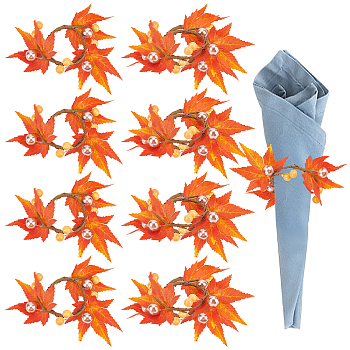 Gorgecraft 8Pcs Maple Leaf Cloth Napkin Rings, Napkin Holder Ornament, with Plastic Leaf, for Place Settings, Wedding & Party Decoration, Dark Orange, 140x150x14.5mm