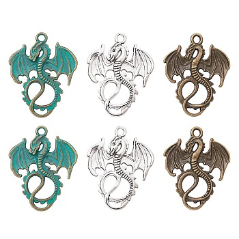 6Pcs 3 Styles Alloy Dragon Pendants, Mixed Color, 34.5~35x27~28x2mm, Hole: 2.5mm, 2pcs/style