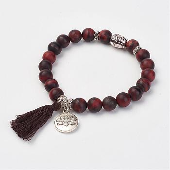 Natural Tiger Eye Beads Stretch Bracelets, with Brass & Alloy Findings & Tassel Pendants, Frosted, Round & Buddha Head, Burlap Packing, 2-1/8 inch(53mm)