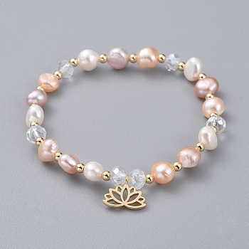 Charm Bracelets, with Natural Cultured Freshwater Pearl Beads, Glass Beads, Brass Round Spacer Beads and Brass Pendants, Lotus Flower, with Burlap Bags, Seashell Color, 2-1/8 inch(5.3cm)