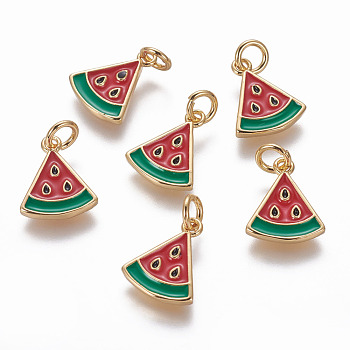 Brass Enamel Charms, Watermelon, Golden, Colorful, 13x11x1.6mm, Hole: 3mm