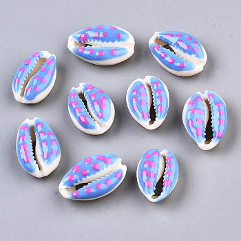 Natural Cowrie Shell Beads, with Enamel Polka Dot Pattern, No Hole/Undrilled, Royal Blue, 16~19x10~12.5x7mm