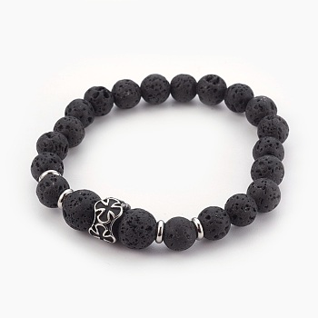 Natural Lava Rock Beads Stretch Bracelets, with 304 Stainless Steel Finding, Cross, 2-1/4 inch(5.6cm)