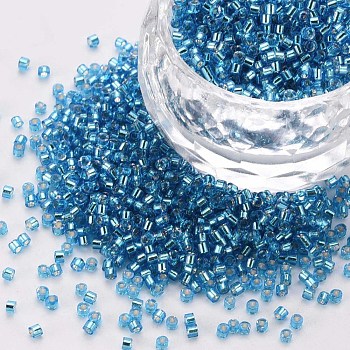 Glass Cylinder Beads, Seed Beads, Silver Lined, Round Hole, Dodger Blue, 1.5~2x1~2mm, Hole: 0.8mm, about 80000pcs/bag, about 1pound/bag