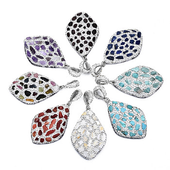 Polymer Clay Rhinestone Pendants, with Gemstone Chip/Natural Shell Chip and PU Leather, Horse Eye, Platinum, 50~51x32~33x7~8mm, Hole: 9x5mm