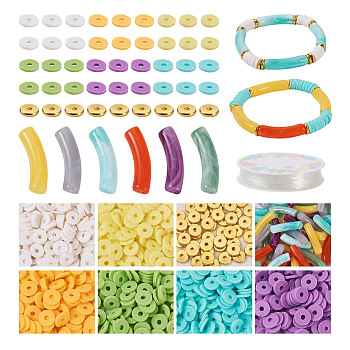 DIY Stretch Bracelet Making Kit, Including Curved Tube Acrylic & Polymer Clay Disc & Brass Spacer Beads, Elastic Thread, Mixed Color, 8x1.5mm, Hole: 1.5mm