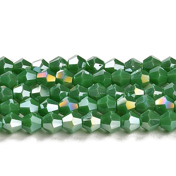 Opaque Solid Color Electroplate Glass Beads Strands, AB Color Plated, Faceted, Bicone, Sea Green, 4x4mm, Hole: 0.8mm, about 82~85pcs/strand, 12.01~12.2 inch(30.5~31cm)