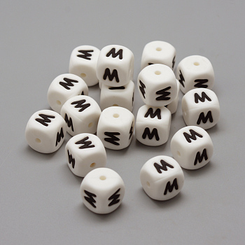 Food Grade Eco-Friendly Silicone Beads, Horizontal Hole, Chewing Beads For Teethers, DIY Nursing Necklaces Making, Letter Style, Cube, Letter.M/W, 12x12x12mm, Hole: 2mm