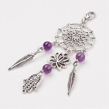 Alloy Pendant Decorations, with Natural Amethyst and Brass Lobster Claw Clasps, Lotus & Hamsa Hand/Hand of Fatima/Hand of Miriam & Feather, Purple, 96.5mm, Pendant: 83x29x7mm