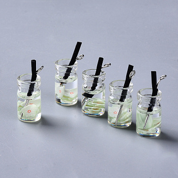 Glass Bottle Pendants, with Resin & Polymer Clay inside, Plastic and Platinum Tone Iron Eye Pin, Imitation Juice Bottle, Honeydew, 24~26x10mm, Hole: 1.6mm
