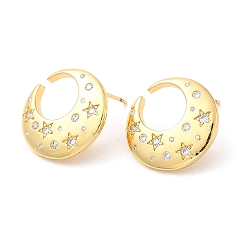 Rack Plating Brass Moon with Star Stud Earrings with Cubic Zirconia, Lead Free & Cadmium Free, Real 18K Gold Plated, 19x18.5mm