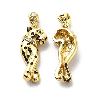 Brass Clear Cubic Zirconia Pendants, with Black Enamel, Leopard/Cheetah Charm, Real 18K Gold Plated, 36x16x7mm, Hole: 4.5x7mm