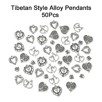 50Pcs 5 Styles Tibetan Style Alloy Pendants, Heart, Antique Silver, 9~21.5x9~20x1.3~3mm, Hole: 0.8~2.5x0.8~3mm, 10pcs/style