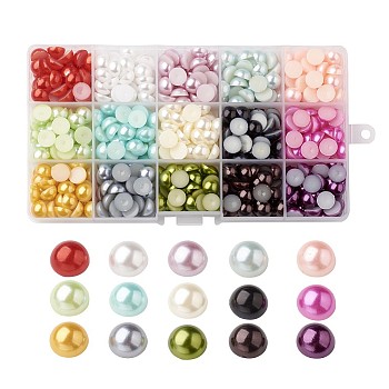 Pandahall 600Pcs 15 Colors ABS Plastic Cabochons, Imitation Pearl, Half Round, Mixed Color, 10x4.5mm, 40pcs/color