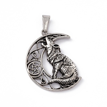 304 Stainless Steel Pendants, Moon with Wolf Charms, Antique Silver, 49x38x6mm, Hole: 5.5x10mm