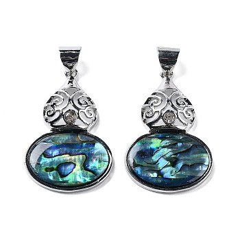 Natural Paua Shell Pendants, Platinum Tone Alloy Pave Crystal Rhinestone Gourd Charms, Colorful, 43.5x28x7.5mm, Hole: 6.2x7.5mm