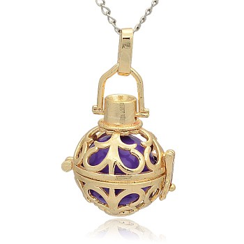 Golden Tone Brass Hollow Round Cage Pendants, with No Hole Spray Painted Brass Round Beads, Blue Violet, 33x24x21mm, Hole: 3x8mm