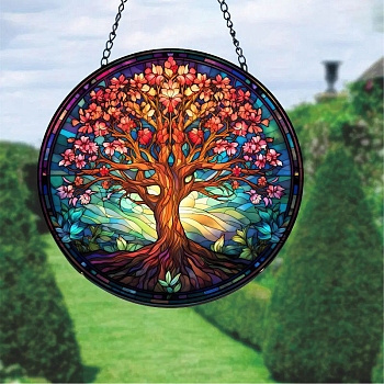 Stained Acrylic Window Hanger Panel, with Metal Chain and Jump Rings, for Suncatcher Window Hanging Decoration, Tree, 150x2mm