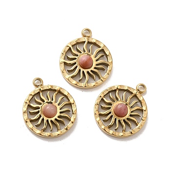 304 Stainless Steel Pave Natural Rhodonite Sun Charms, Real 14K Gold Plated, 14.5x12x3mm, Hole: 1.4mm