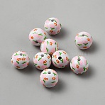 Printed Wood Beads, Round with Flower Pattern, White, 16x15mm, Hole: 3mm(WOOD-TAC0019-13)