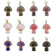 12Pcs 6 Styles Natural & Synthetic Mixed Stone Copper Wire Wrapped Pendants, Natural Amethyst & Rose Quartz & Rhodonite & Unakite & Dragon Blood, Cherry Quartz Glass, Mushroom Charm, Real 18K Gold Plated, 28~32x16~17x16~17mm, Hole: 3mm, 2pcs/style(FIND-FH0006-26)