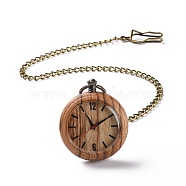 Ebony Wood Pocket Watch with Brass Curb Chain and Clips, Flat Round Electronic Watch for Men, BurlyWood, 16-3/8~17-1/8 inch(41.7~43.5cm)(WACH-D017-A19-03AB)