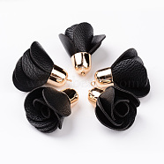 Rose Flower PU Leather Pendant Decorations, with Golden Plated CCB Plastic Findings, Black, 45~48x30mm, Hole: 2mm(CCB-L003-04)