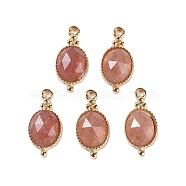 Natural Strawberry Quartz Faceted Pendans, Golden Plated Brass Oval Charms, 20.5x9.5x5.5mm, Hole: 1.7mm(KK-L218-003G-04)