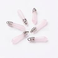 Natural Rose Quartz Pointed Pendants, with Platinum Tone Alloy Findings, Bullet, 33~40x8~9x8~9mm, Hole: 3x4mm(G-P309-05)