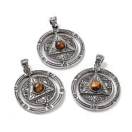 Natural Tiger Eye Pendants, Flat Round with Hexagram Charms, with Antique Silver Plated Alloy Findings, 42.5x37x8mm, Hole: 5.5x4mm(G-L524-05AS-01)