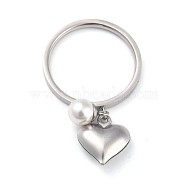 Dual-use Items, 304 Stainless Steel Finger Rings or Pendants, with Plastic Round Beads, Heart, White, Stainless Steel Color, US Size 7(17.3mm)(RJEW-O045-02C-P)