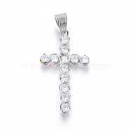 304 Stainless Steel Pendants, with Cubic Zirconia, Cross, Clear, Stainless Steel Color, 33x18x2.5mm, Hole: 5x7mm(STAS-E439-70P)
