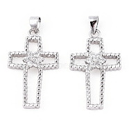 Rhodium Plated 925 Sterling Silver Micro Pave Clear Cubic Zirconia Pendants, Hollow Religion Cross Charms wit 925 Stamp, Real Platinum Plated, 29x17x5mm, Hole: 3.5x4.5mm(STER-T007-32P)