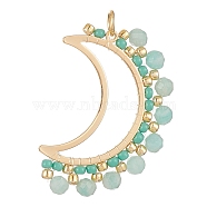 Natural Amazonite Faceted Round Pendants, Brass Open Back Bezel Moon Charms with Glass Seed Beads, Golden, 32x23x3.5mm, Hole: 3.4mm(PALLOY-MZ00169-01)