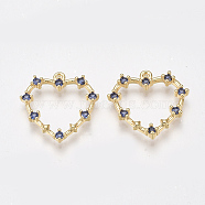 Brass Cubic Zirconia Pendants, Nickel Free, Real 18K Gold Plated, Heart, Marine Blue, 18~19x18~19x2.5mm, Hole: 1mm(KK-T038-506E)