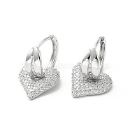 Valentine's Day Heart & Leaf Clear Cubic Zirconia Dangle Hoop Earrings, Brass Jewelry for Women, Platinum, 24mm, Pin: 0.8mm(EJEW-G327-06P)