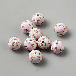 Printed Wood Beads, Round with Flower Pattern, White, 16x15mm, Hole: 3mm(WOOD-TAC0019-13)