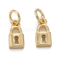 Brass Charms, with Jump Ring, Long-Lasting Plated, Lead Free & Nickel Free & Cadmium Free, Lock, Real 18K Gold Plated, 7.5x4x1.5mm, Jump Ring: 4x0.8mm, 2.5mm Inner Diameter(KK-C223-06G)
