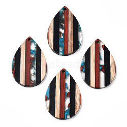 Resin & Walnut Wood Pendants, Teardrop Charms, Black, 36.5x24.5x3.5mm, Hole: 2mm(RESI-N039-20)