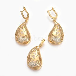 (Jewelry Parties Factory Sale)Brass Micro Pave Cubic Zirconia Jewelry Sets, Pendant and Earrings, Long-Lasting Plated, teardrop, Real 24K Gold Plated, 42mm, Hole: 5x7mm, 51mm, Pin: 0.9mm(SJEW-F189-05G)