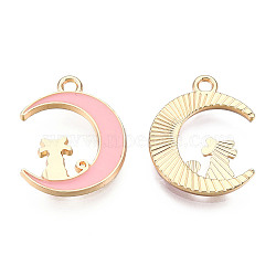 Alloy Enamel Kitten Pendants, Light Gold, Crescent Moon with Cat Shape, Pink, 20.5x16x2mm, Hole: 1.8mm(FIND-N048-028A)