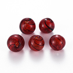 Transparent Handmade Blown Glass Globe Beads, with Glitter Powder, Stripe Pattern, Round, Dark Red, 13.5~14.5mm, Hole: 1~2mm(GLAA-T012-30B)