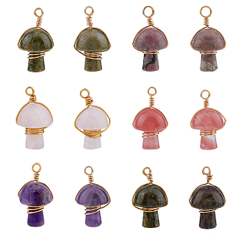 12Pcs 6 Styles Natural & Synthetic Mixed Stone Copper Wire Wrapped Pendants, Natural Amethyst & Rose Quartz & Rhodonite & Unakite & Dragon Blood, Cherry Quartz Glass, Mushroom Charm, Real 18K Gold Plated, 28~32x16~17x16~17mm, Hole: 3mm, 2pcs/style