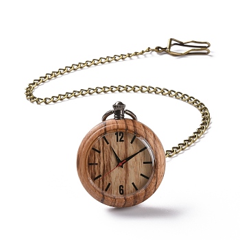 Ebony Wood Pocket Watch with Brass Curb Chain and Clips, Flat Round Electronic Watch for Men, BurlyWood, 16-3/8~17-1/8 inch(41.7~43.5cm)