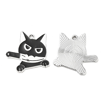 Alloy Enamel Pendants, Platinum, Cat with Knife Charm, Black, 24.5x25x1mm, Hole: 1.8mm